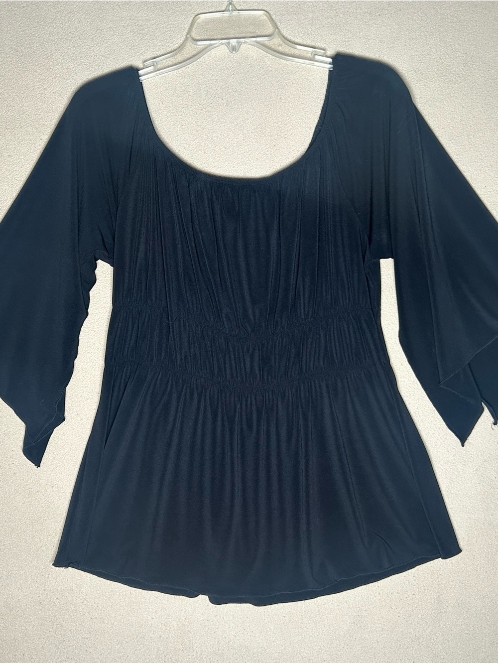 1X Black Scoop Neck Smocked Empire Waist Top with bell sleeves